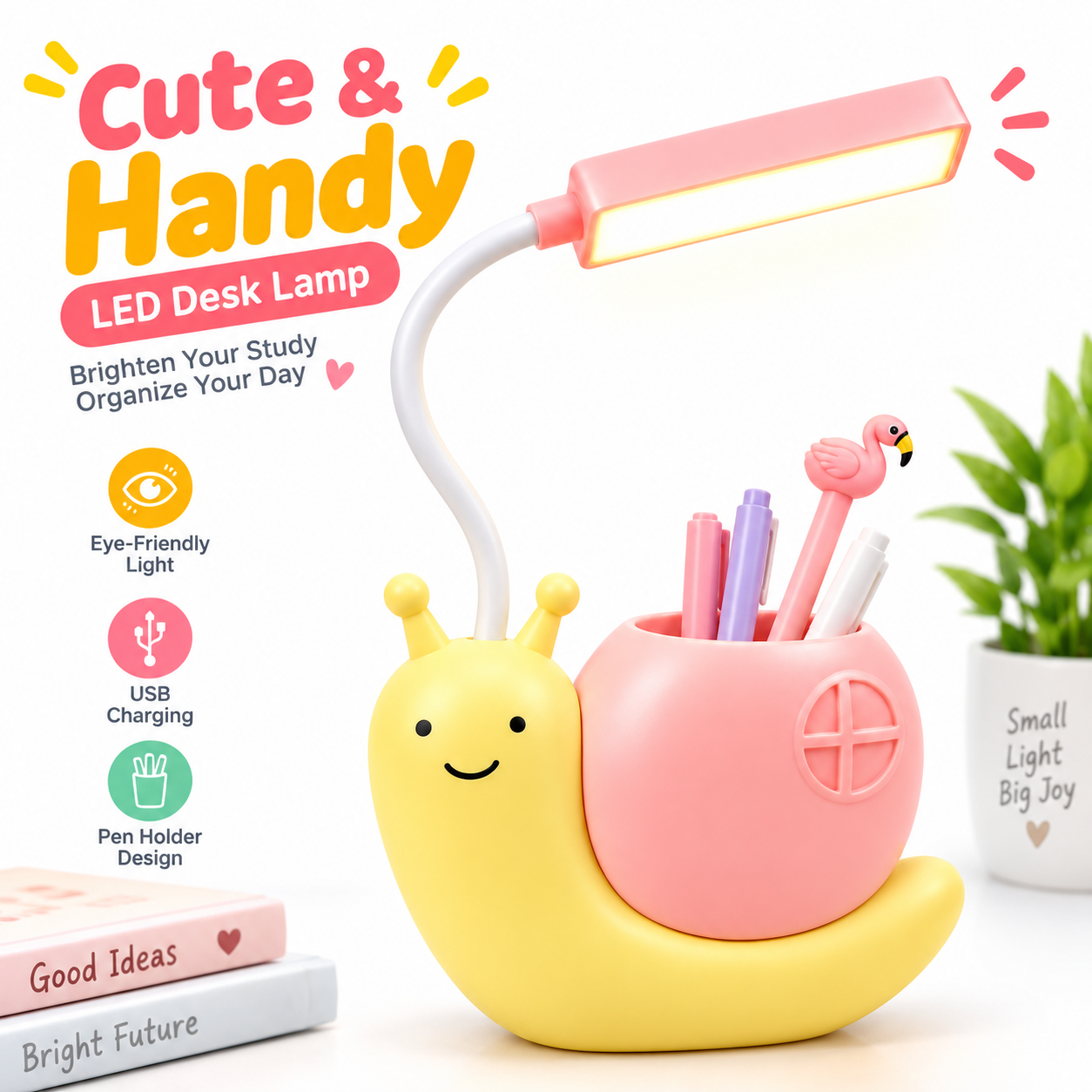 Rechargeable LED Snail Table Light – Child Eye Protection Desk Lamp with Built-In Pen Holder, Flexible Neck & USB Charging for Kids Study & Night Light